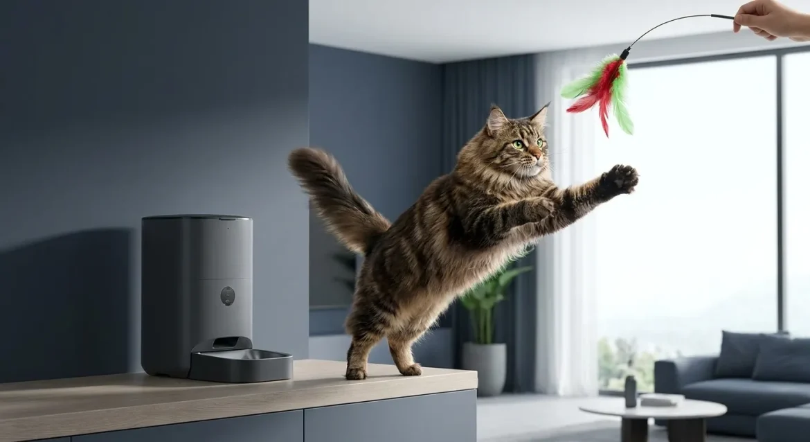 Maine Coon cat playing near a smart pet feeder, illustrating Maine Coon weight management strategies for MaineCoonCatsGuide.